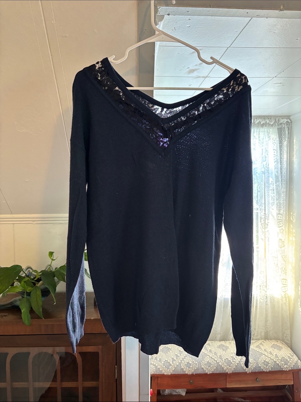 Brixon Ivy Navy V-Neck Sweater with Lace Trim